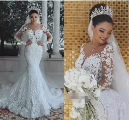 Sukienki 2018 Vintage luksusowe sukienki ślubne syreny długie rękaw Bling długi pociąg Vestito da sposa sukienki ślubne ślubne gwons 3D kwiaty