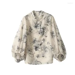 Polos femininos 2024 CEKCYA CHIC e elegante blusa para a primavera Autumn Ladies Floral Print Niche Design de camisa de alta classe roupas femininas