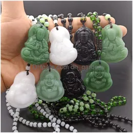 قلادة قلادة Maitreya Buddha Natural Green Necklace صينية منحوتة يدويًا Jadeite Jewelry Gifts Amet for Women Men Dr Otgst