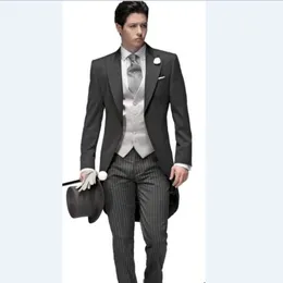Skräddarsydd nyaste brudgummen Tuxedos Peak Lapel Men's Suit Morning Style Groomsman Bridegroom Wedding Prom Suit Jacket Pants Tie Vest 2806