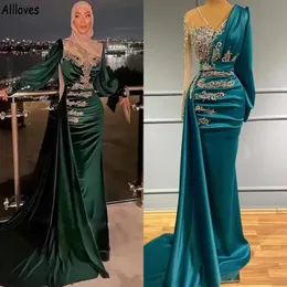 Kaftan Dubai Arabic Hijab Muslim Prom Dresses Dard Green Satin Ruched Rhinestones Pearls Beaded Formance Omsing Yevening Gowns with Pepl 249c