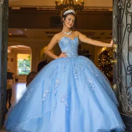 Платья quinceanera платья принцесса небо синие блестки аппликации шариковые платья возлюбленная кружево с тюльцом плюс Sweet 16 Debutante Party