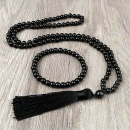 Hochzeit Schmucksets mattes glänzendes schwarzes Achat 108 Japamala Perlen Halskette für Herren handgefertigte Knoten Rosen -Set Yoga Meditation Armband