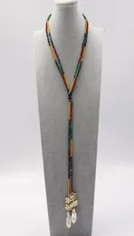 Guaiguai Jewelry 자연 교양 화이트 바이와 진주 믹스 컬러 jade 체인 긴 목걸이 바로크 진주 펜던트 여성 9215418