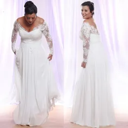 Long Sleeves Plus Size Wedding Dresses With Deep V-neck Applique Beach country Wedding Gowns Off The Shoulder Bridal Gowns Vestido De N 194T