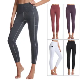 Solid Color Color Ensamless Yoga Legg ings com alta elasticidade de bolso, correndo, leggings esportes femininos apertados