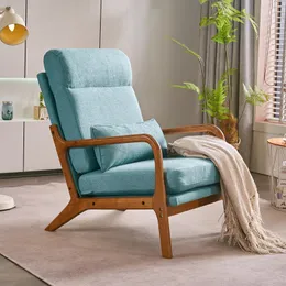 ZK20 High Back Solid Wood Armrest Backrest Iron Frame Linen Indoor Leisure Chair Teal