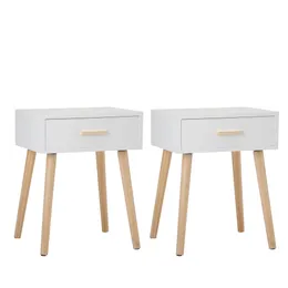 Um conjunto de mesa de cabeceira com uma gaveta, mesa de cabeceira com pernas de pinheiro, gabinete conveniente, dentro de casa, branco