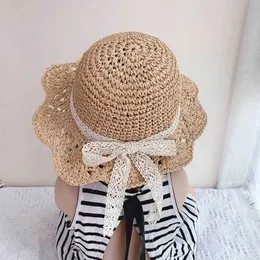 CAPS HATS Fashionabla Baby Petal Brim Str Woven Hat Sunscreen Lace Hat Childrens Girl Princess Foldbar Beach Cute Baby Bucket Hat Wx