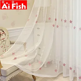 1Pcs Pink Embroidered Star Sheer Curtains For Childrens Bedroom Window Treatment Mesh Tulle Cortinas Living Room Drapes Decor 240517