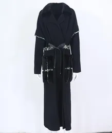 Oft schwarzer Xlong -Kaschmirwolle Mischung echter Pelzmantelgürtel Winterjacke Frauen natürliche Nerzfell -Tasche Streetwear Außenbekleidung New4333346