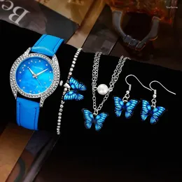 손목 시계 5pcs 세트 여성 패션 쿼츠 시계 여성 시계 블루 나비 다이얼 디자인 여성 가죽 손목 몬트레 팜미