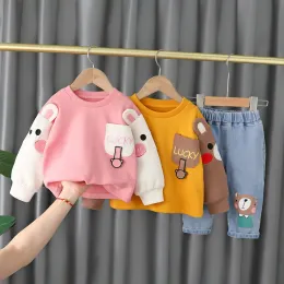 Sets 2022 Spring Autumn Children Girls 2PCS Clothing Set Embroidery Cartoon Cotton Sweatshirts Jeans Pants Baby Girls Clothes Suit