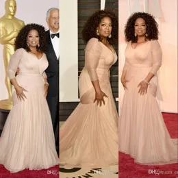 Oprah Winfrey Oscar Celebrity Blush Pink Rosa Madre della sposa Abiti V Neck Tulle Lun Long Maniche