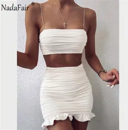 Nadafair 2 조각 세트 클럽웨어 주름 미니 섹시한 여름 드레스 화이트 오프 어깨 ruched 짧은 바디콘 파티 드레스 여성 2020 T9626807