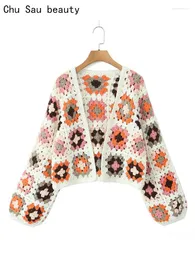 Damen -Strick Chu Sau Schönheit 2024 Frauen Mode süße handgefertigte Häkelkarette Strick -Strickjacken Boho Style Hohlauslöschte Sweater Chic Outwears