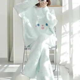 Women's Sleepwear Winter Coral Velvet Pajama Set Long Sleeve Warm Ladies 2 Pcs With Pant Smile Print Pijama Suit For Female