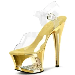 Ladies Real 2024 New Leder PU 17cm High Heel Round Toe Shoes PVC transparent One Line Hochzeit Amerikaner Europa Diamant Die Laufsteg Hohlboden Sandalen Größe D 9fc4
