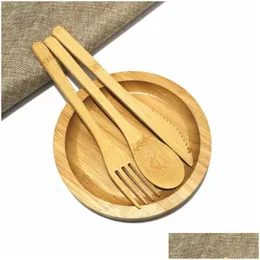 Zestawy naczyń obiadowych 3 szt./Zestaw wielokrotnego użytku Bamboo Flatware Portable Cutlery Set Knives Fork łyżka obozu kuchennego kuchennego narzędzia LX2605 DRO DHVXG