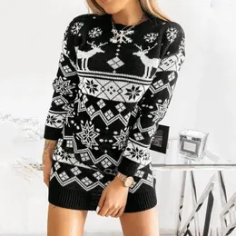 Casual Dresses Christmas Knitted Dress Women Round Neck Long Sleeve Jacquard Simple Elk Snowflakes Knit Pullover Vestidos