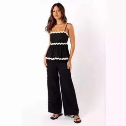 2024 Frauen für High-End-Frühling/Sommer für Frauen neue feste Farbsoshalt Patchwork Spitzenhose Zweiteiler Set F51757