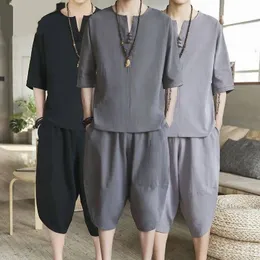 A prua estate da uomo in lino set cinese serie grande caprista casual abito tang di cotone in cotone in cotone a due pezzi set da uomo 240430