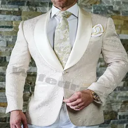 White Men Suits Hochzeitsbekleidung Tuxedos Anzug Prom Dinnerparty Groomsman Blazer gedruckt Blumener Revers One -Stück Jacke Custom Made 306n