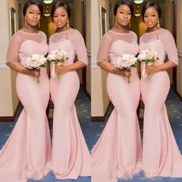Rouge Pink African Nigerian Mermaid Brautjungferkleider mit Ärmeln 2019 Sheer Spitzenhals Plus Size Hochzeitsgastkleid 2197