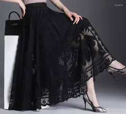 Saias mulheres vintage Sexy Hollow Lace High Waist Party Elegant Salia Longa Verão Moda Black Pleated Linen Maxi