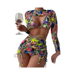 Women Summer Designer a quattro pezzi High Waist Collowstring Bikini Digital Print KX039 Abitutto da bagno da bagno Swiming da bagno