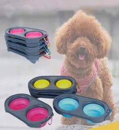 犬の餌箱を持ち運びに簡単に移動します折りたたみボウル二重化シリコンダブルベイシンペット用品キャットフードnonslip食器8020990
