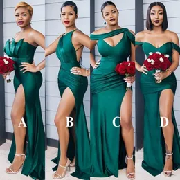 2023 Modest Emerald Green Side Split Long Bridesmaid Dresses Sexy Wedding Party Gowns Difference Neckline Cheap Bridesmaid Dress Custom 268J