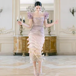 Party Dresses Scz060 Jancember Feathers Tassel Lilac Dubai Evening For Women Wedding Arab Ankle Length Midi Formal Gowns