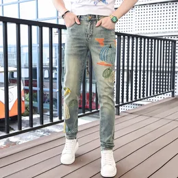 Classic internet celebrity pumpkin print men's jeans, spring and summer trendy casual fashion slim fit pants
