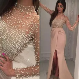 2021 Evening Dresses Wear Arabic Islamic High Neck Long Sleeves Crystal Pearls Mermaid Front Split Formal Dubai Abaya Party Dress Prom 223m