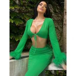Work Dresses Dstring Ruched Wrap Top And Skirt Outfits For Women Green Party Club 2 Piece Sets Split Matching Tie Up Drop Delivery A Dhdvq