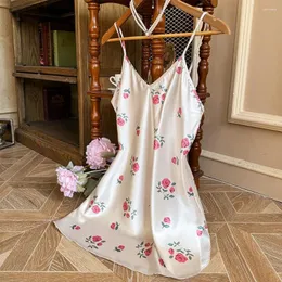 Женская одежда для сна, без спинка, шелковое платье шелк, сексуальная летняя пижама короткая юбка розовая цветочный дом носить ночную рубку повседневную