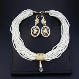 Sunspicems Morocco Crystal Bead Necklace Multilayer Pearl Choker Earring Gold Color Arabic Bride Wedding Jewelry Sets 240511
