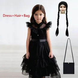 Fantasia Wandinha Mercoledì Addams Family Costume Girls Halloween Cosplay Dresses Vestidos Gothic Vestidos Abito Carnival 3-9Y L2405