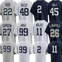 2024 Custom S-4XL 22 SOTO 11 Volpe Jerseys Aaron Judge Jersey Jeter Anthony Rizzo Gerrit Coleber Torres Giancarlo Stanton Clay Holmes DJ Lemahie