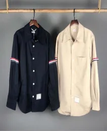 Men and women casual shirt jacket striped stitching cotton dovetail long sleeve shirt jacket 93748302587887