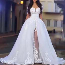 2020 Arabischweiß elegant von den Schulter Brautkleidern mit Überwachung Langarm Spitze Brautkleid Hochzeit Ballkleider abnehmbar t 232k