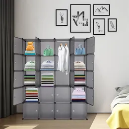 ZK20 20 Cube Organizer Stackable Plastic Cube Storage Shelves Design Multifunctional Modular Closet Cabinet with Hanging Rod Gray