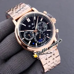 Nowy super złożony kalendarz wieczny 5204 1R-001 Automatyczna męska zegarek księżycowa faza czarna tarcza różowa złota bransoletka stalowa zegarki Hello WATC 274V