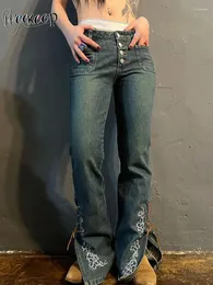 Jeans feminino weekeep y2k padrão bordado calça de jeans de rua de streetwear split bandagem blot button up up 90s vintage