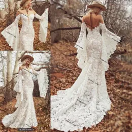 Sukienki długie rękawy boho sukienki ślubne 2021 Sheer Oneck Vintage szydełkowy Bold Cotton Lace Bohemian Hippis Country Bride suknie 283b
