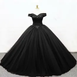 2019 Neues Ballkleid schwarze gotische Hochzeitskleider von der Schulter Basken Taille Korsett Rückenboden Länge Frauen Vintage Nicht weiße Braut G 248t
