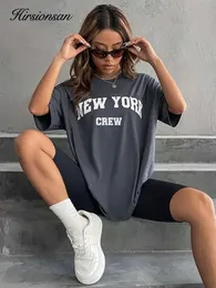 Hirsionsan Oversized Letter Graphic Tshirt Women 2023 Summer Soft Oneck Short Sleeve Tees Female Casual Loose Higt Street Top 240506