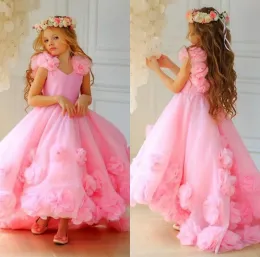 Dresses Hot Pink Cute Flowers Girls Dresses 3D Flower Appliques Floor Length Kids Teens Pageant Gowns Birthday Party Dress For Wedding