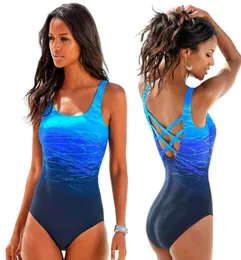 Gradient One Piece Swimsuit Women Vintage Swimwear Criss Cross Back Monokini Blue Bath Subito 2018 Weace Wear Maillot de Bain2649399